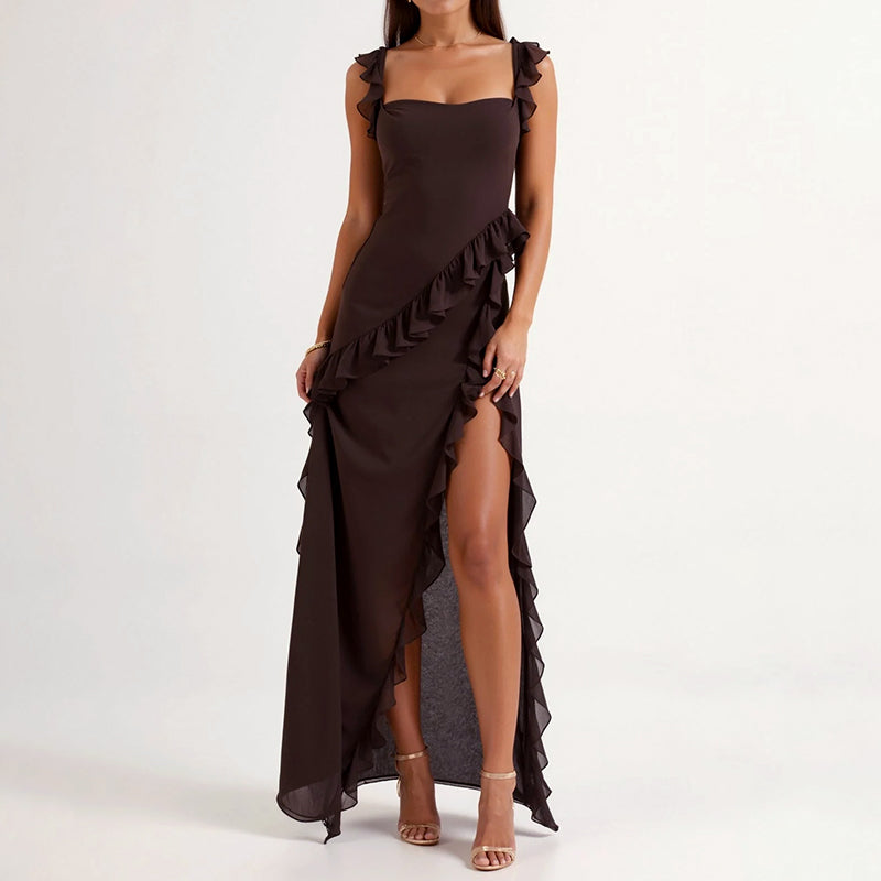victoria ruffled maxi dress FANDF Womens Medieval Off Giovanni Cobalt Blue Leather color:Vintage Green