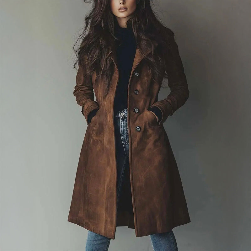 Aila - Women's Suede Longline Button Coat