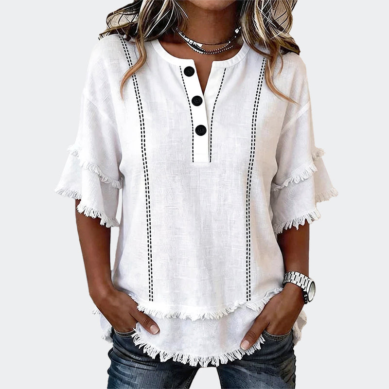 Alana - Women’s Frayed Trim Boho Blouse