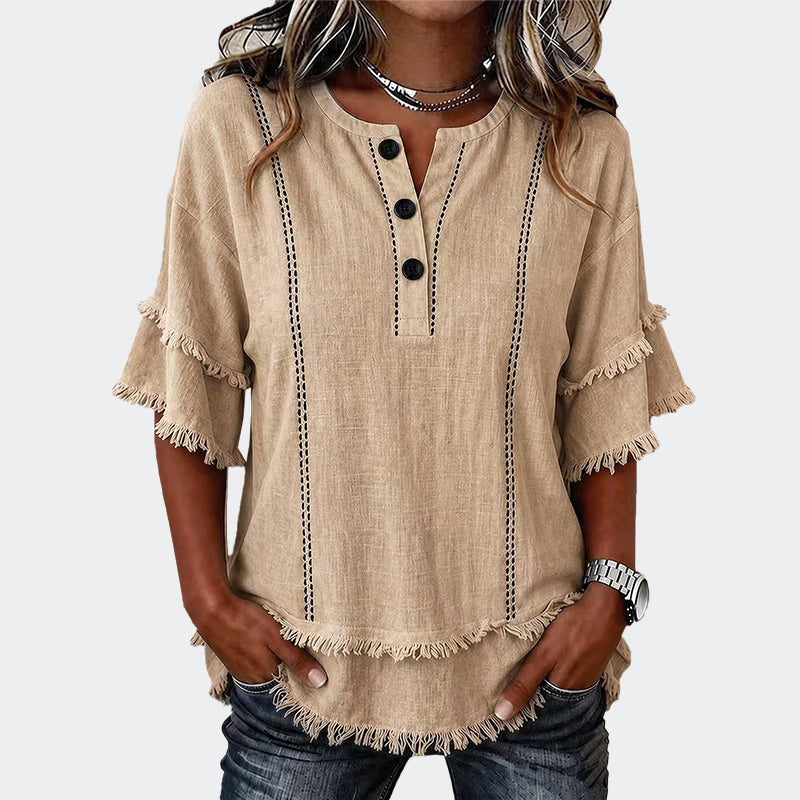 Alana - Women’s Frayed Trim Boho Blouse