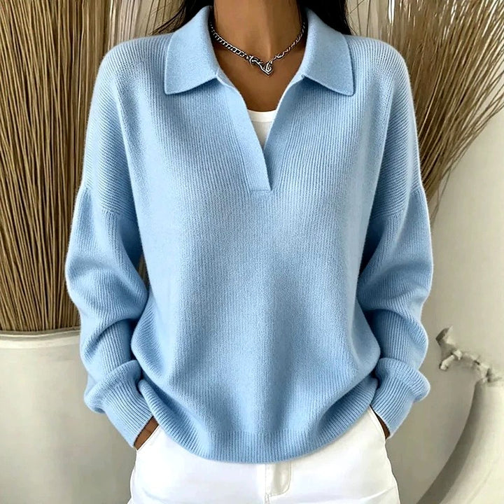 Alanna - Women's Ribbed Polo Collar Loose Fit Sweater