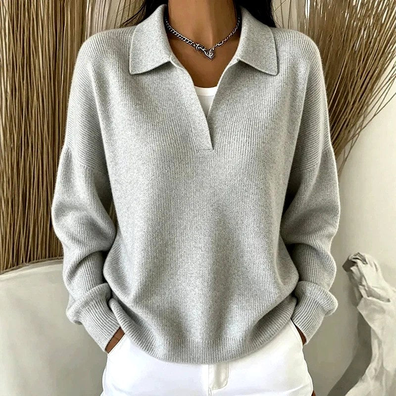 Alanna - Women's Ribbed Polo Collar Loose Fit Sweater