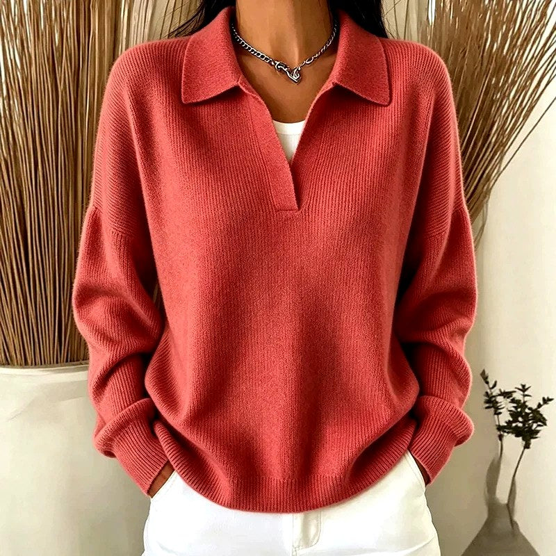 Alanna - Women's Ribbed Polo Collar Loose Fit Sweater