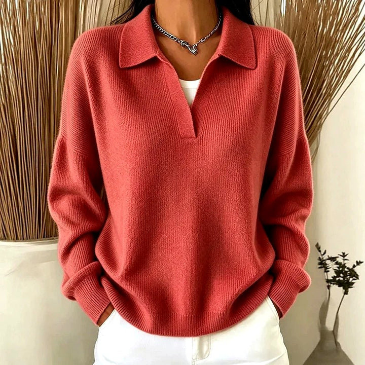 Alanna - Women's Ribbed Polo Collar Loose Fit Sweater