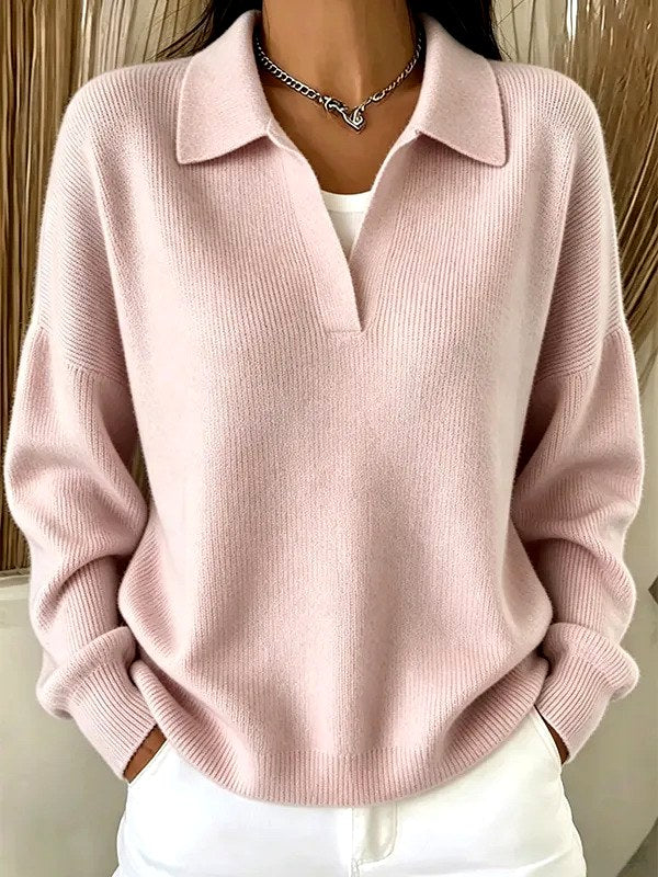 Alanna - Women's Ribbed Polo Collar Loose Fit Sweater