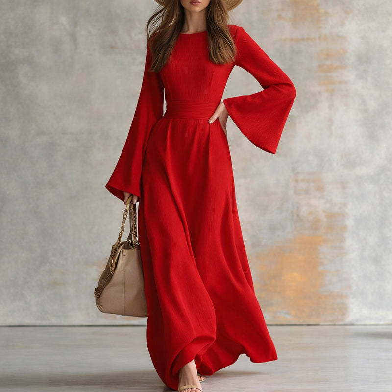 Alison - Women's Crew Neck Flare Sleeve Maxi Dress