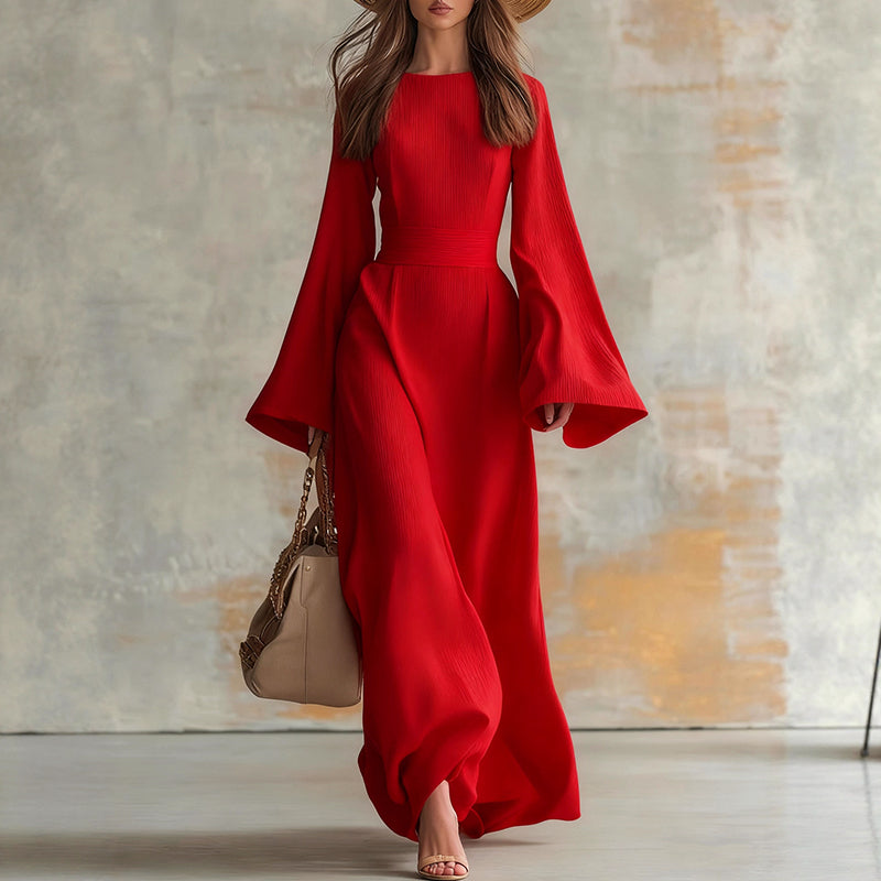 Alison - Women's Crew Neck Flare Sleeve Maxi Dress