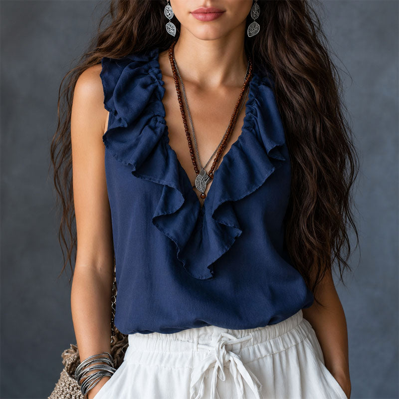 Alyson - Women's Ruffle Trim Sleeveless Boho Blouse