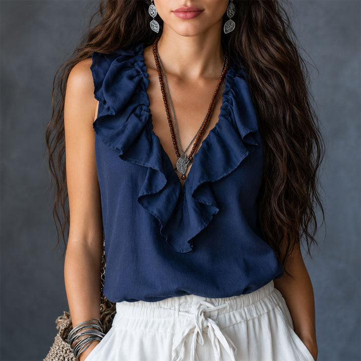 Alyson - Women's Ruffle Trim Sleeveless Boho Blouse