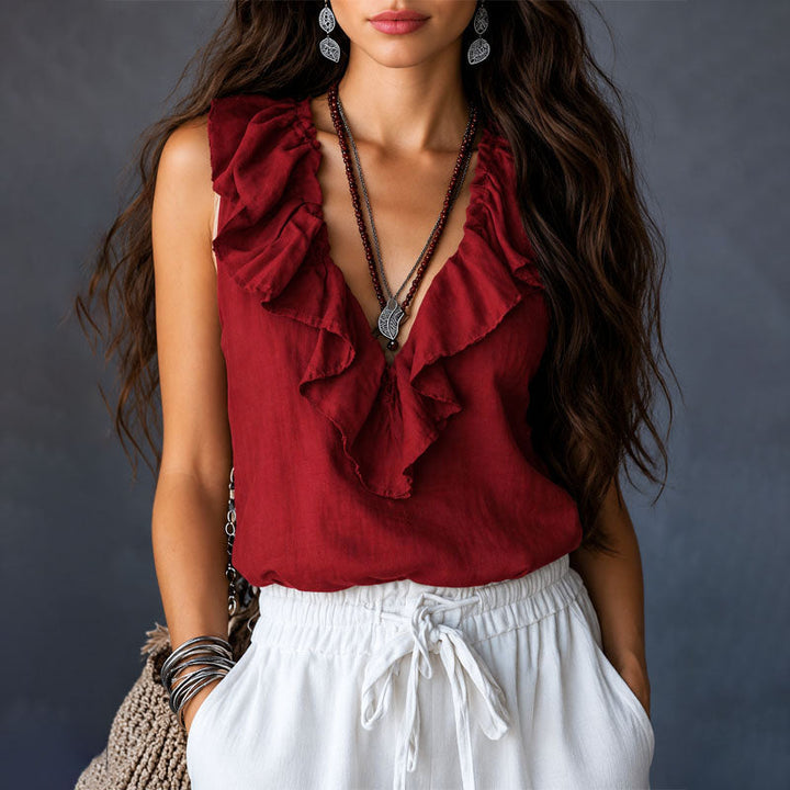 Alyson - Women's Ruffle Trim Sleeveless Boho Blouse