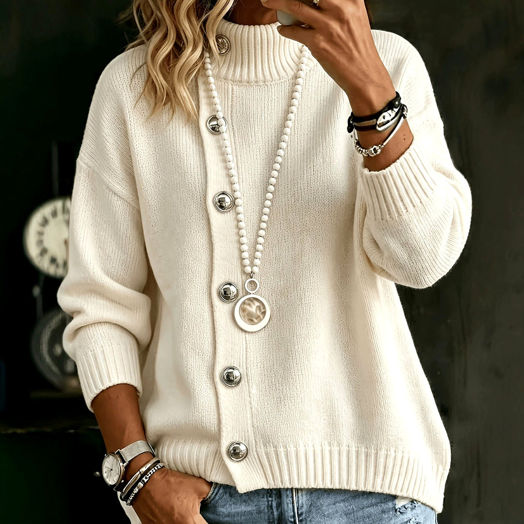 Anais - Women's High-Neck Button Detail Knit Sweater