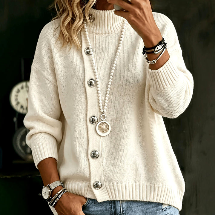 Anais - Women's High-Neck Button Detail Knit Sweater