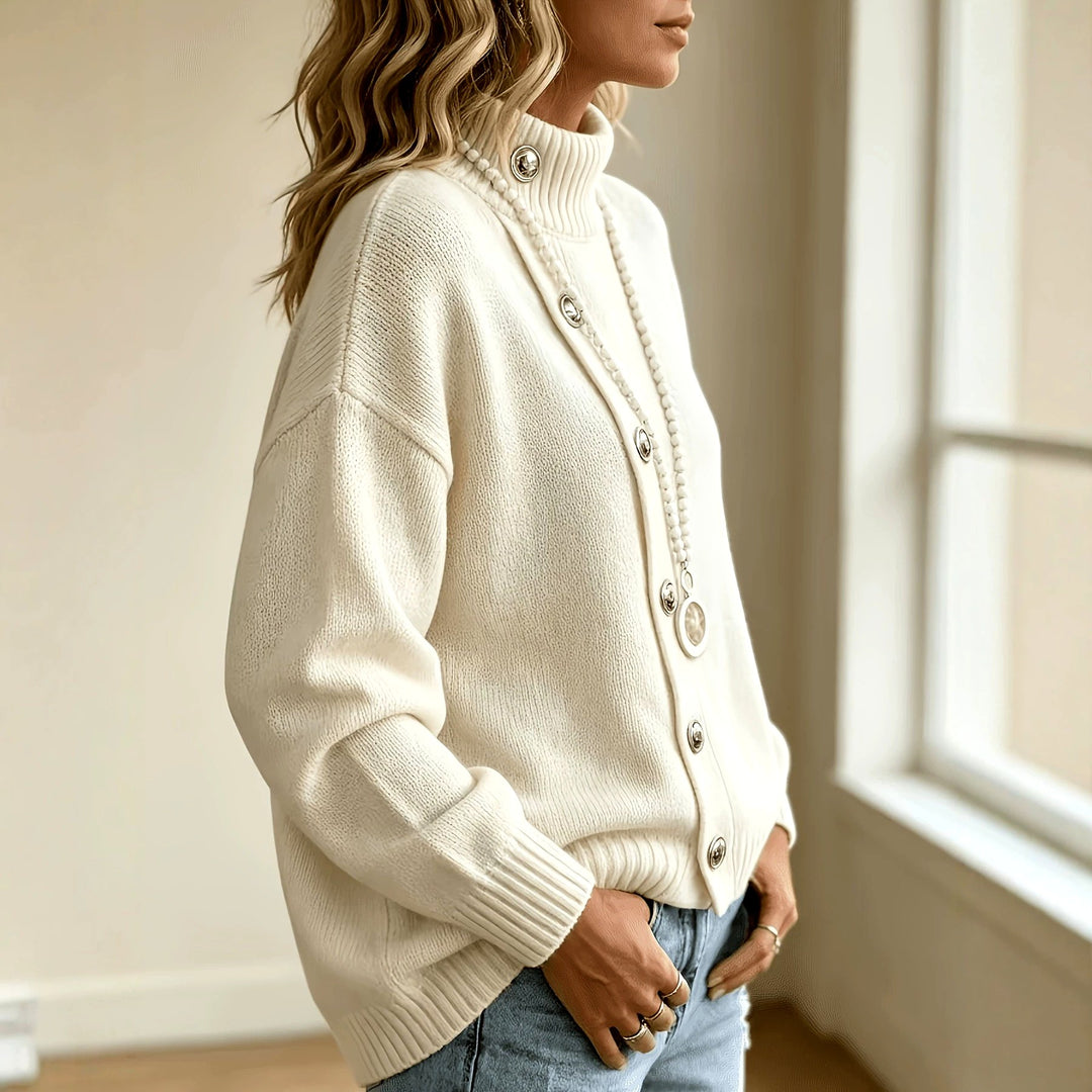 Anais - Women's High-Neck Button Detail Knit Sweater