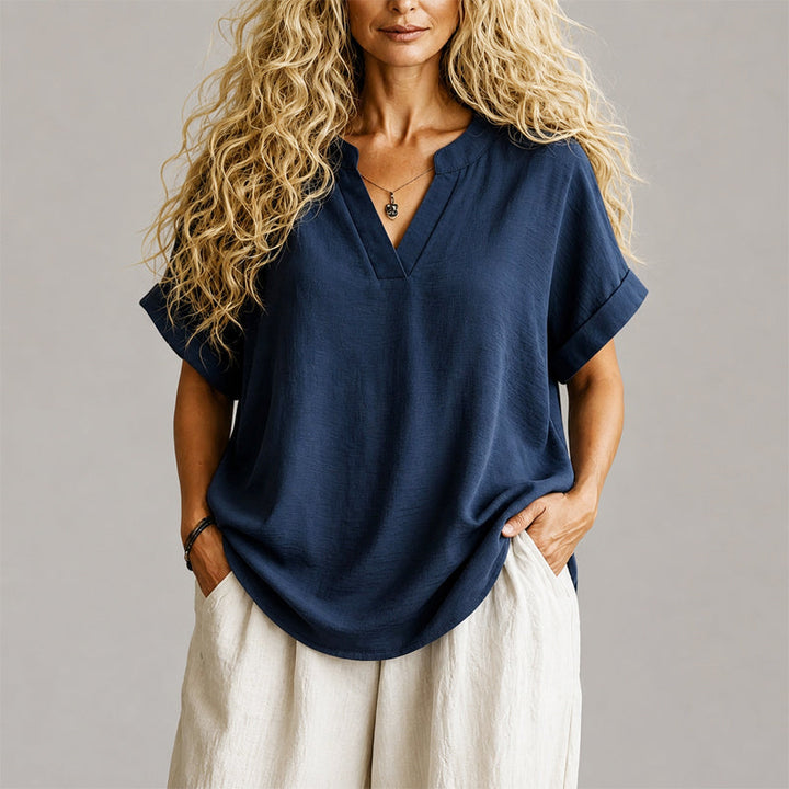 Audrey - Women's V-Neck Linen Blend Relaxed Blouse