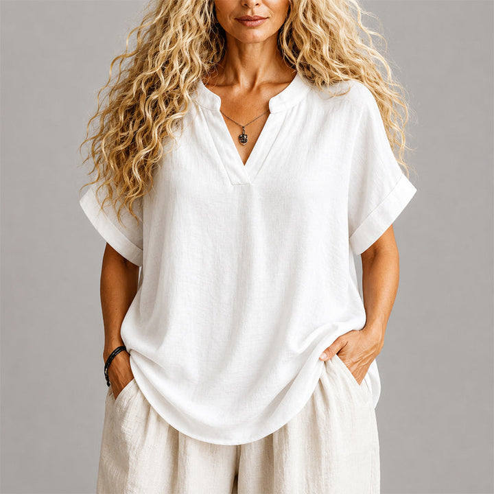 Audrey - Women's V-Neck Linen Blend Relaxed Blouse