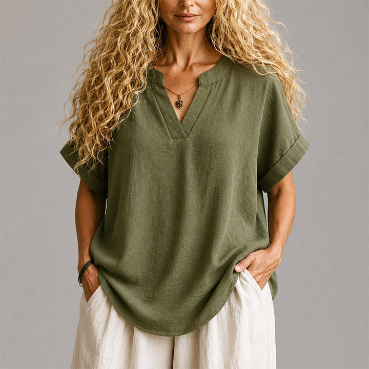 Audrey - Women's V-Neck Linen Blend Relaxed Blouse