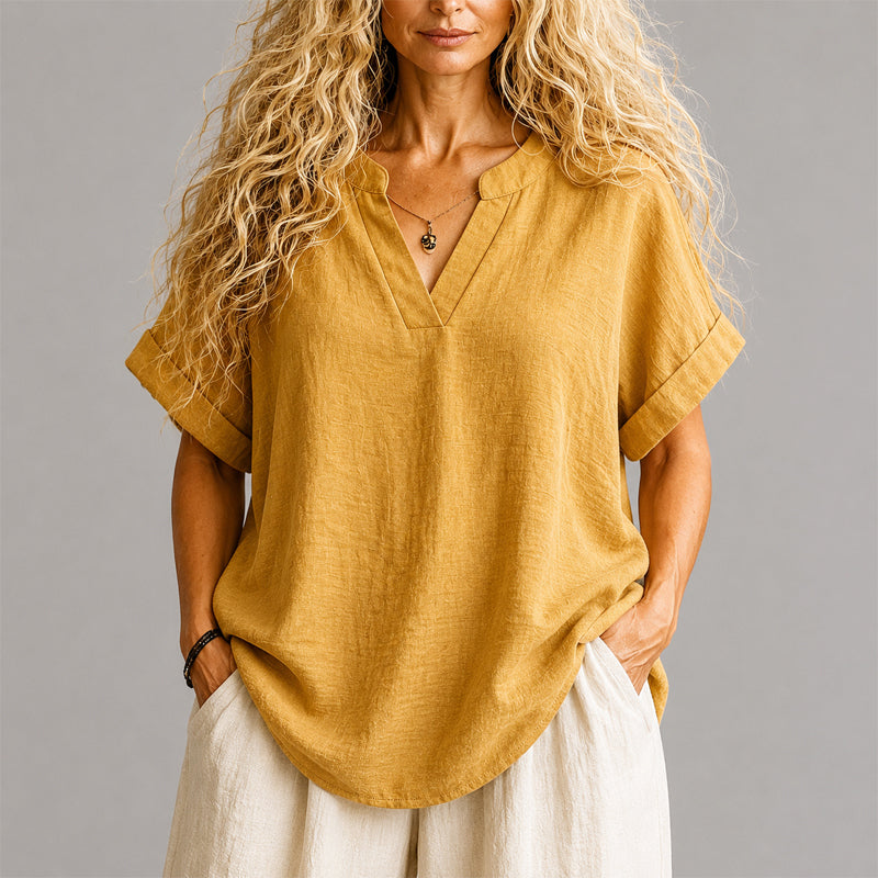 Audrey - Women's V-Neck Linen Blend Relaxed Blouse