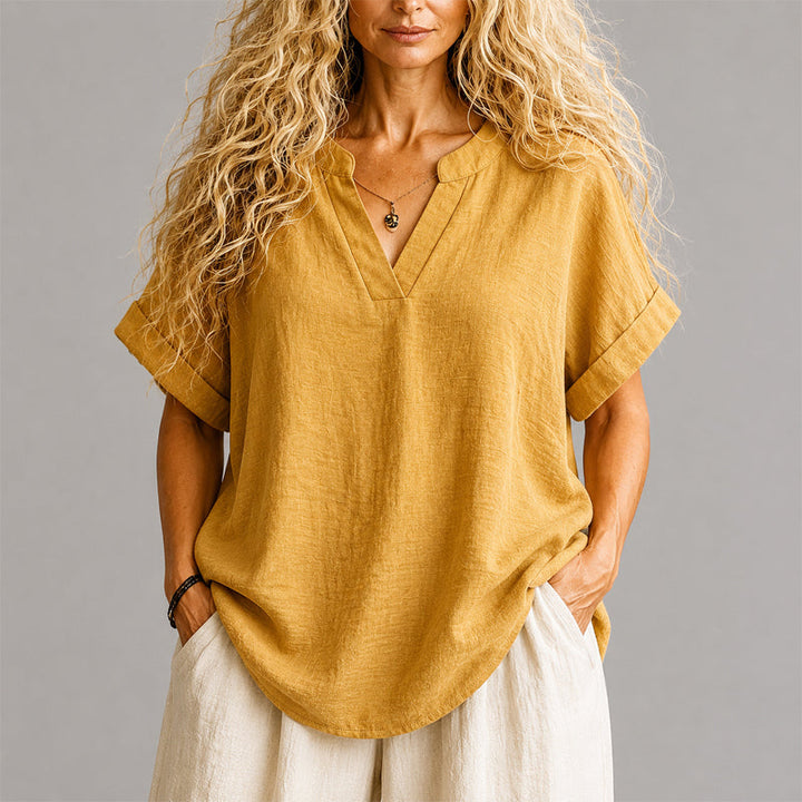 Audrey - Women's V-Neck Linen Blend Relaxed Blouse