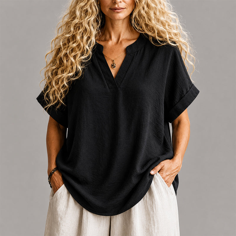 Audrey - Women's V-Neck Linen Blend Relaxed Blouse
