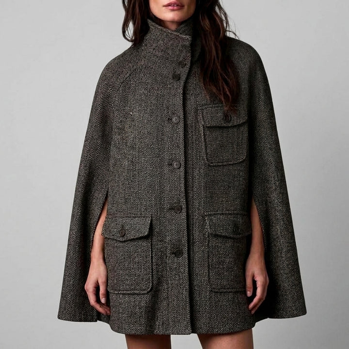 Annie - Women's High-Neck Herringbone Wool-Blend Cape Jacket