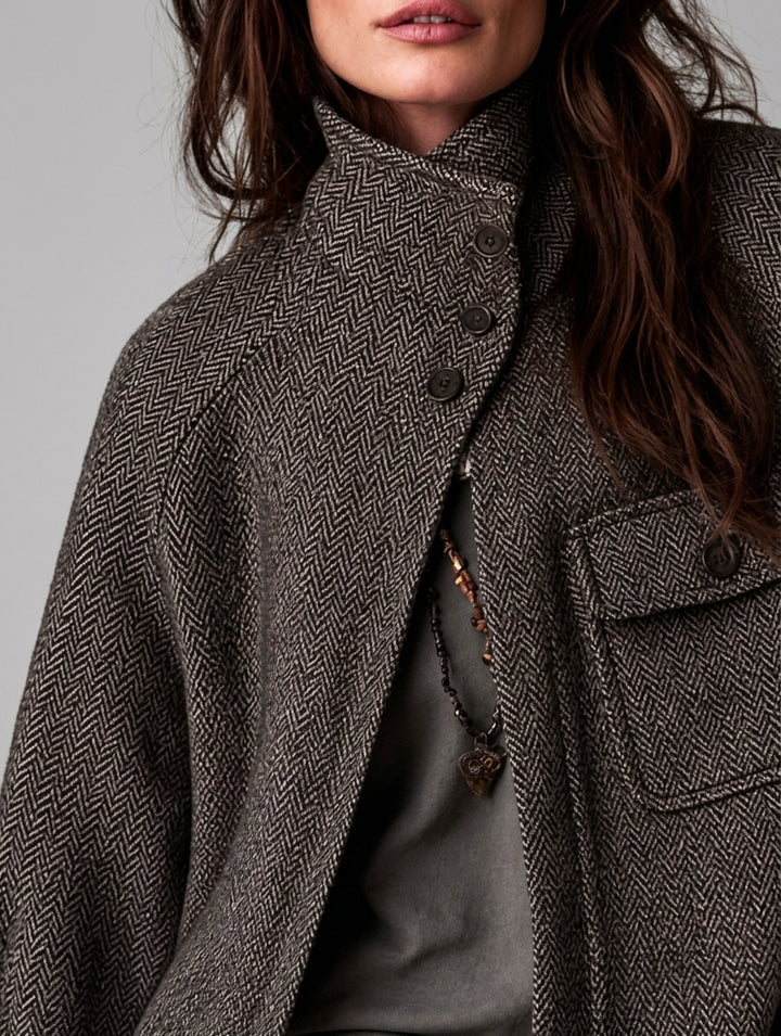 Annie - Women's High-Neck Herringbone Wool-Blend Cape Jacket