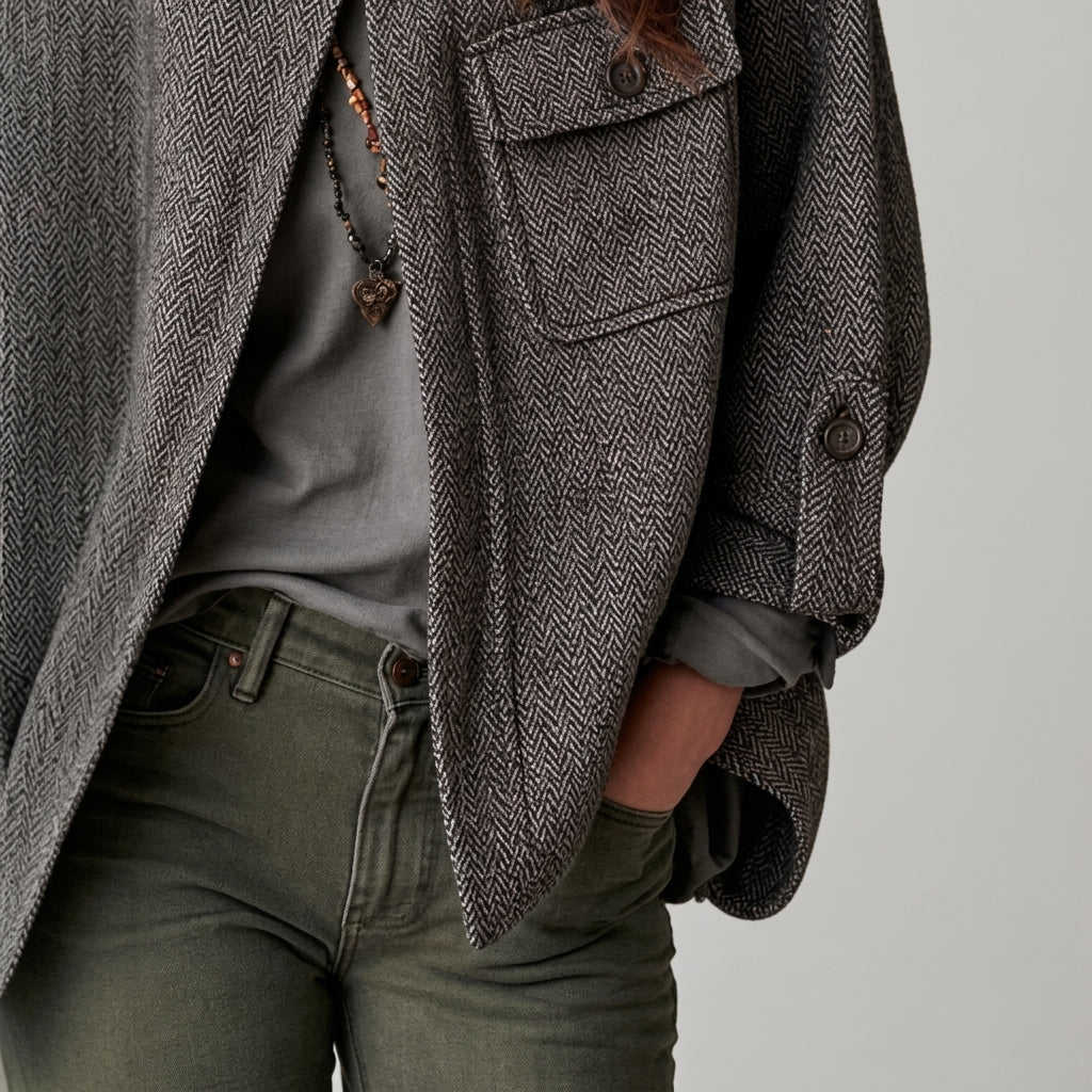 Annie - Women's High-Neck Herringbone Wool-Blend Cape Jacket