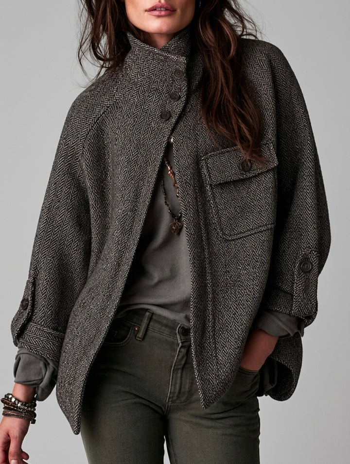 Annie - Women's High-Neck Herringbone Wool-Blend Cape Jacket