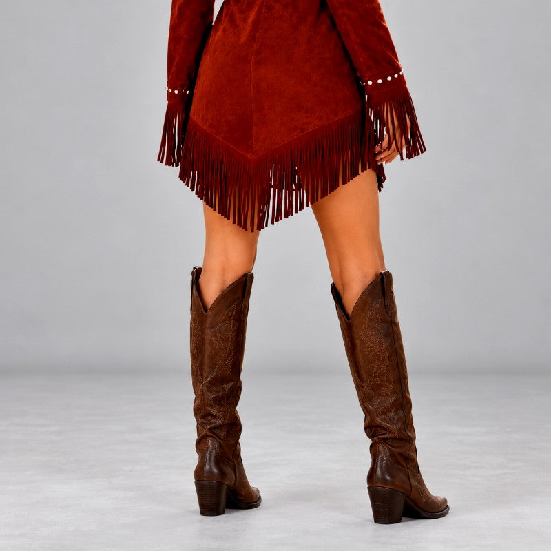 Annie - Women's Studded Lapel Fringe Hem Dress 4
