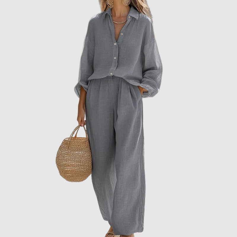 Athena - Women's Linen Button-Down Shirt and Wide-Leg Set