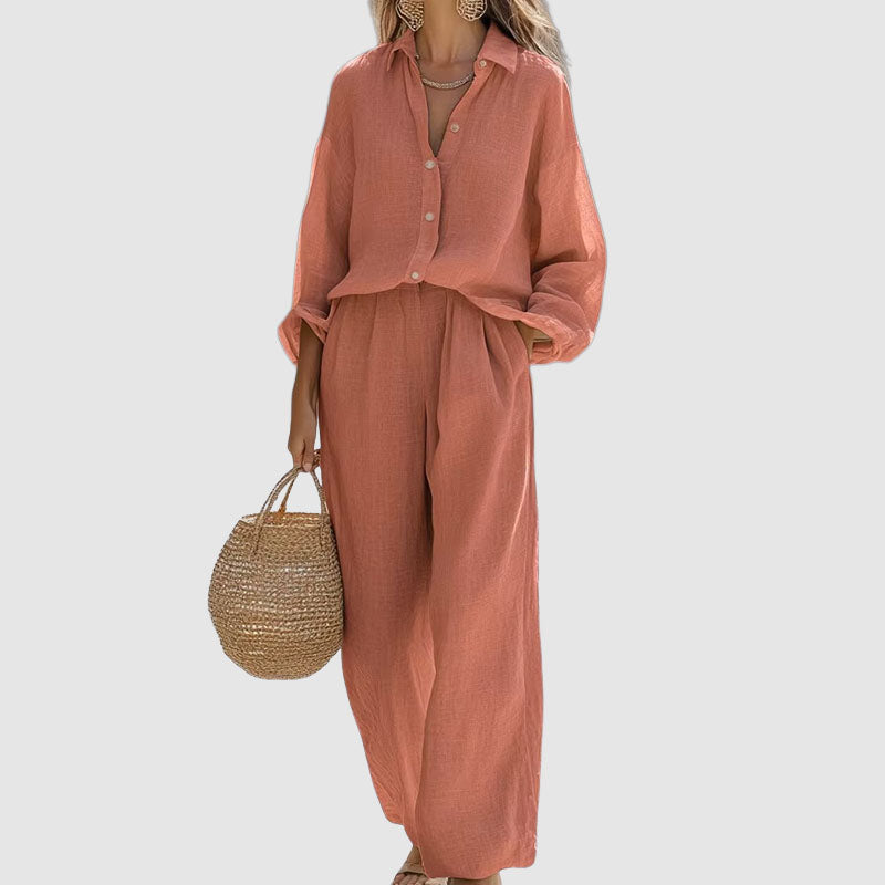 Athena - Women's Linen Button-Down Shirt and Wide-Leg Set