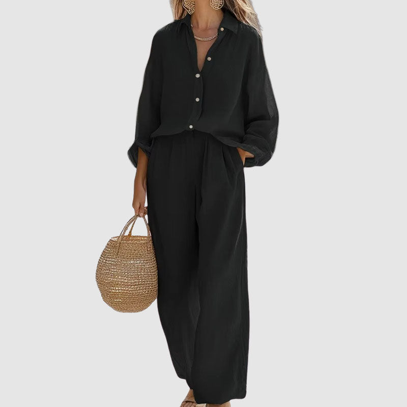 Athena - Women's Linen Button-Down Shirt and Wide-Leg Set
