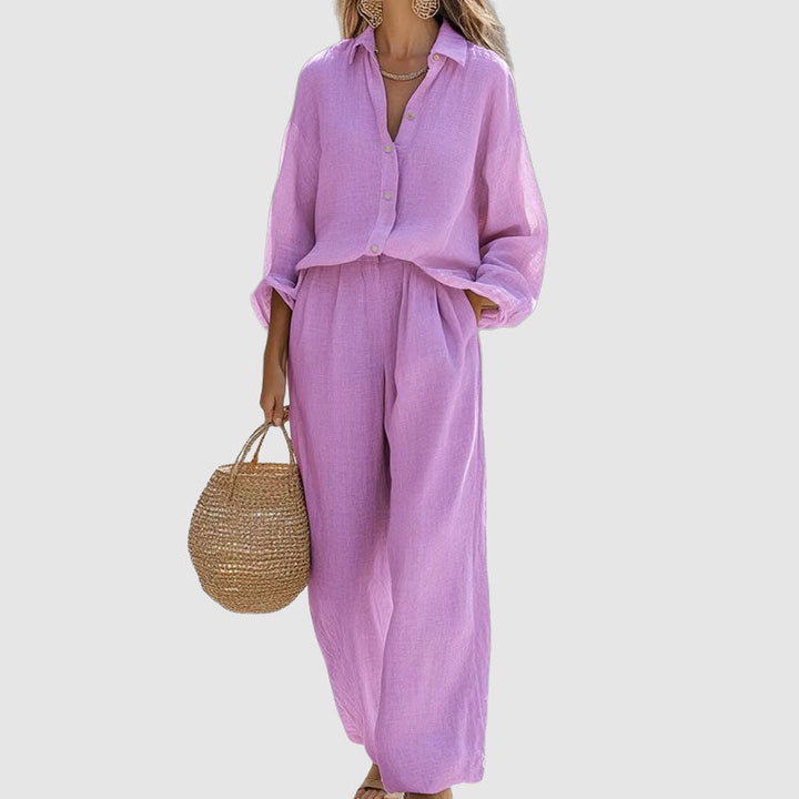 Athena - Women's Linen Button-Down Shirt and Wide-Leg Set