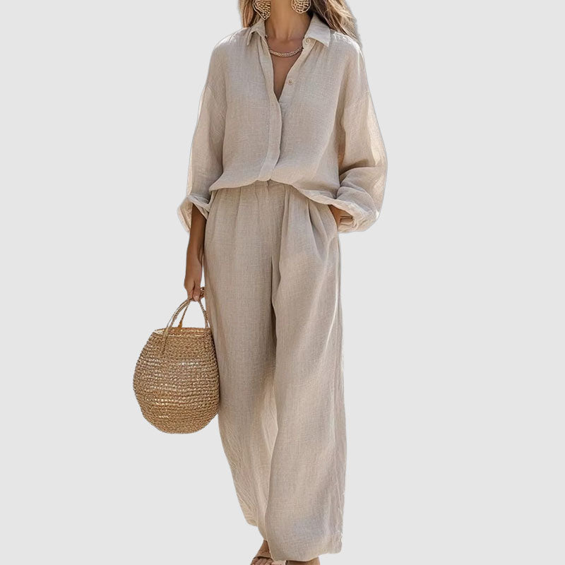 Athena - Women's Linen Button-Down Shirt and Wide-Leg Set