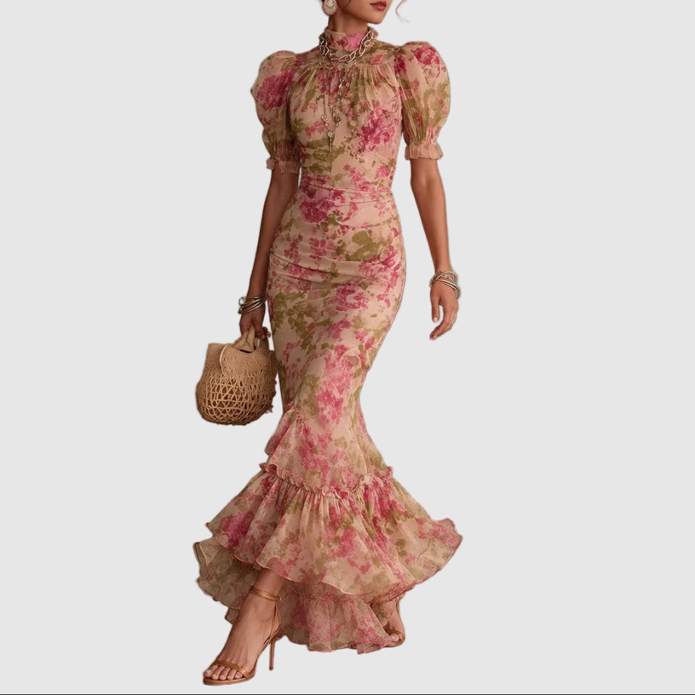 Audrey - Women's Floral Puff Sleeve Midi Dress