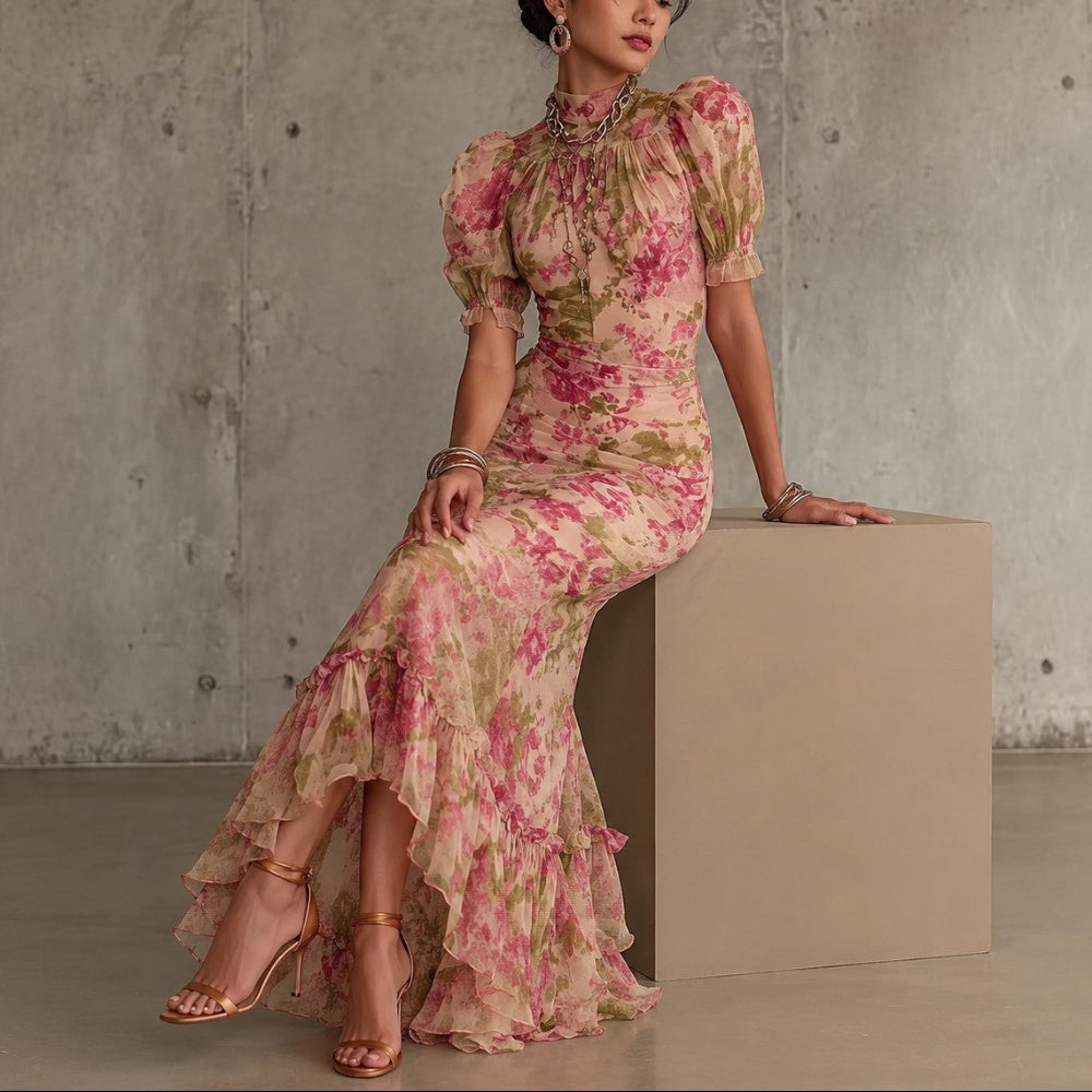 Audrey - Women's Floral Puff Sleeve Midi Dress