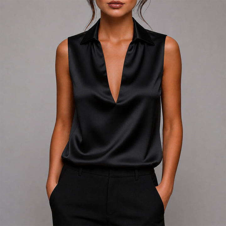 Audrey - Women's Satin Sleeveless V-Neck Blouse
