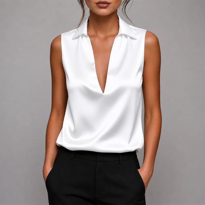 Audrey - Women's Satin Sleeveless V-Neck Blouse