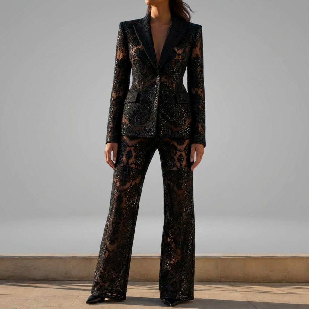 Aurelia - Women's Sequin-Lace Blazer and Flared Trousers Two-Piece Set