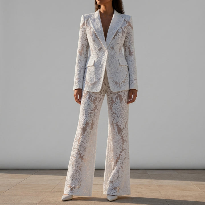 Aurelia - Women's Sequin-Lace Blazer and Flared Trousers Two-Piece Set