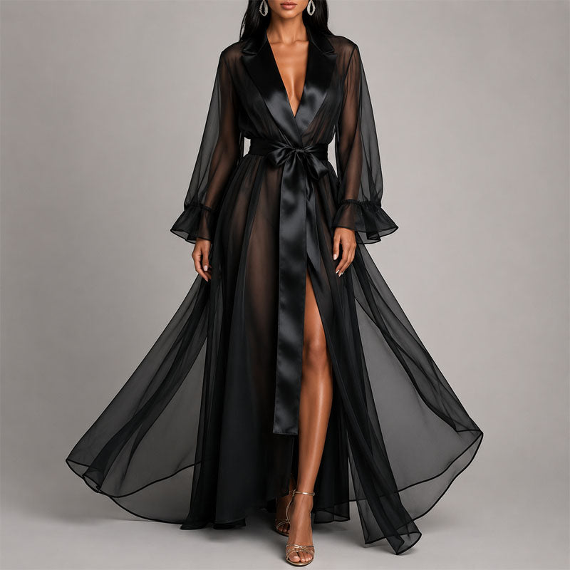 Avery - Women's Flowing Sheer Tie-Waist Maxi Robe