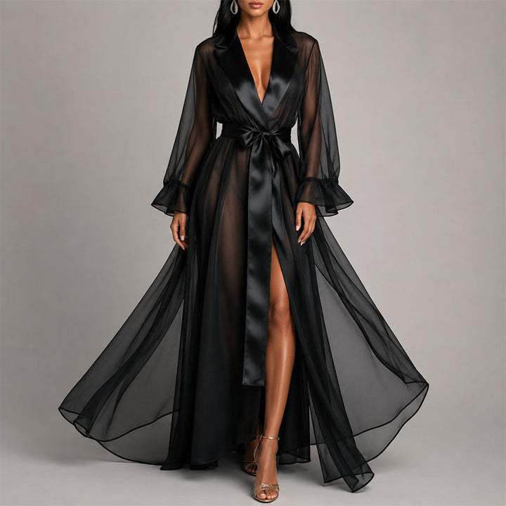 Avery - Women's Flowing Sheer Tie-Waist Maxi Robe