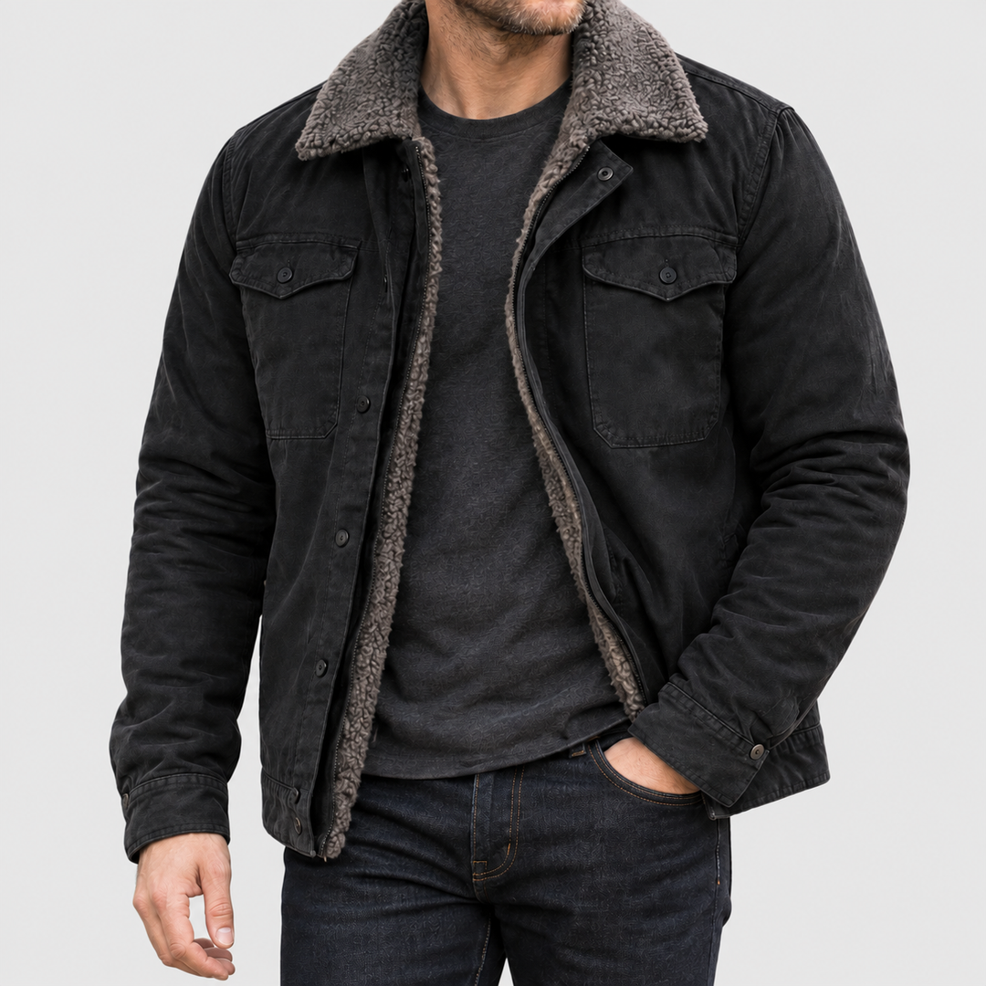 Axel - Men's Genuine Leather Snap-Front Jacket with Sherpa Lining