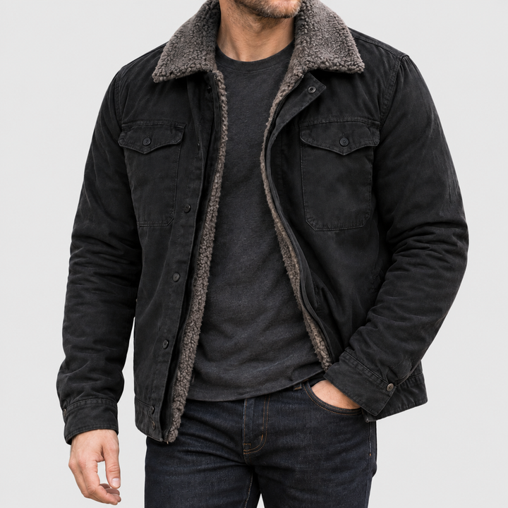 Axel - Men's Genuine Leather Snap-Front Jacket with Sherpa Lining