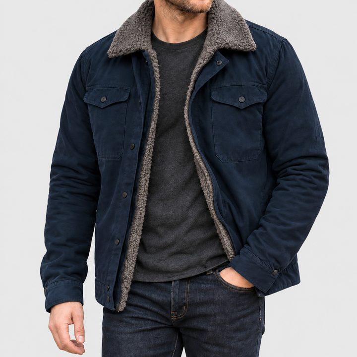 Axel - Men's Genuine Leather Snap-Front Jacket with Sherpa Lining