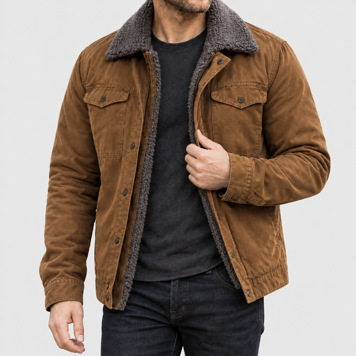 Axel - Men's Genuine Leather Snap-Front Jacket with Sherpa Lining