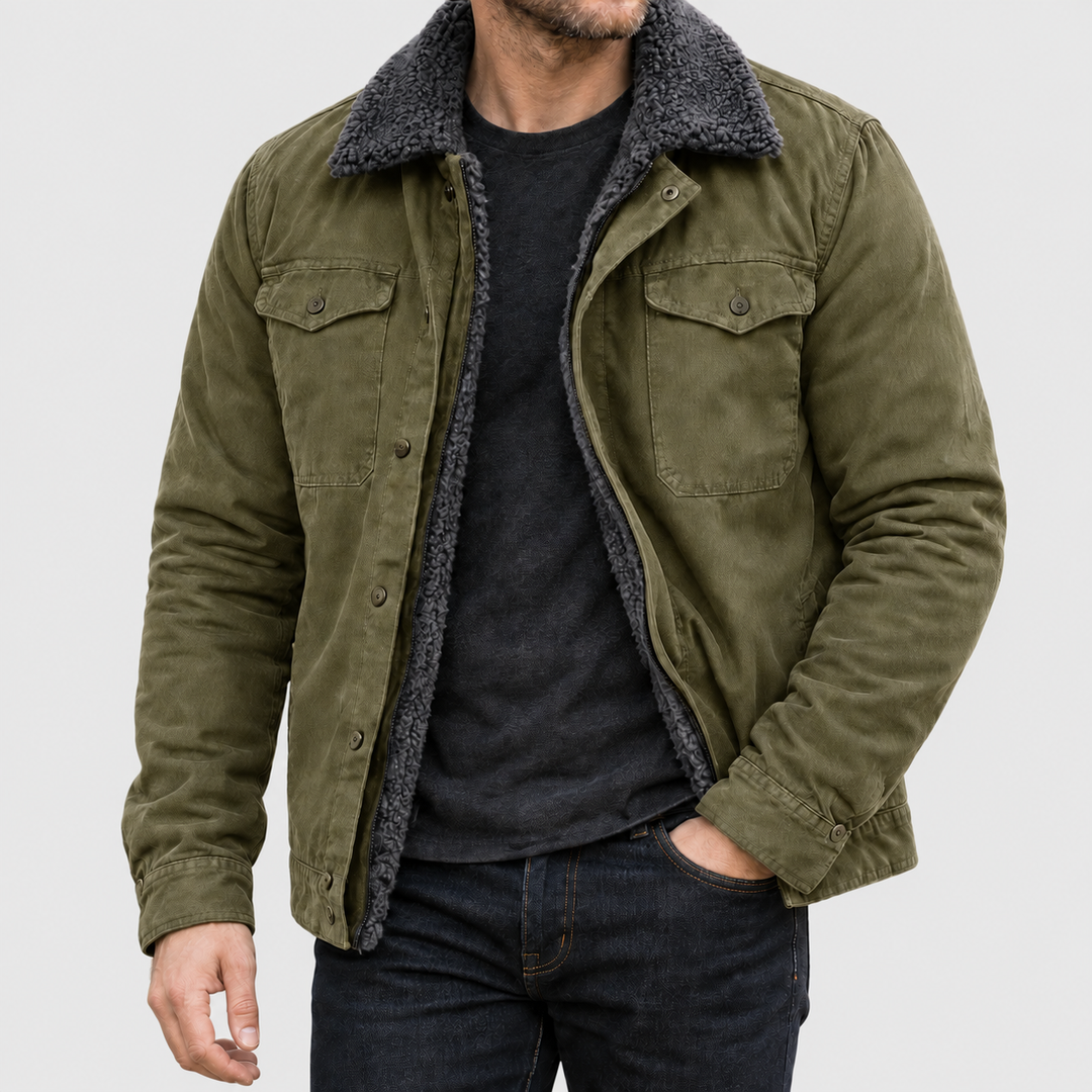 Axel - Men's Genuine Leather Snap-Front Jacket with Sherpa Lining
