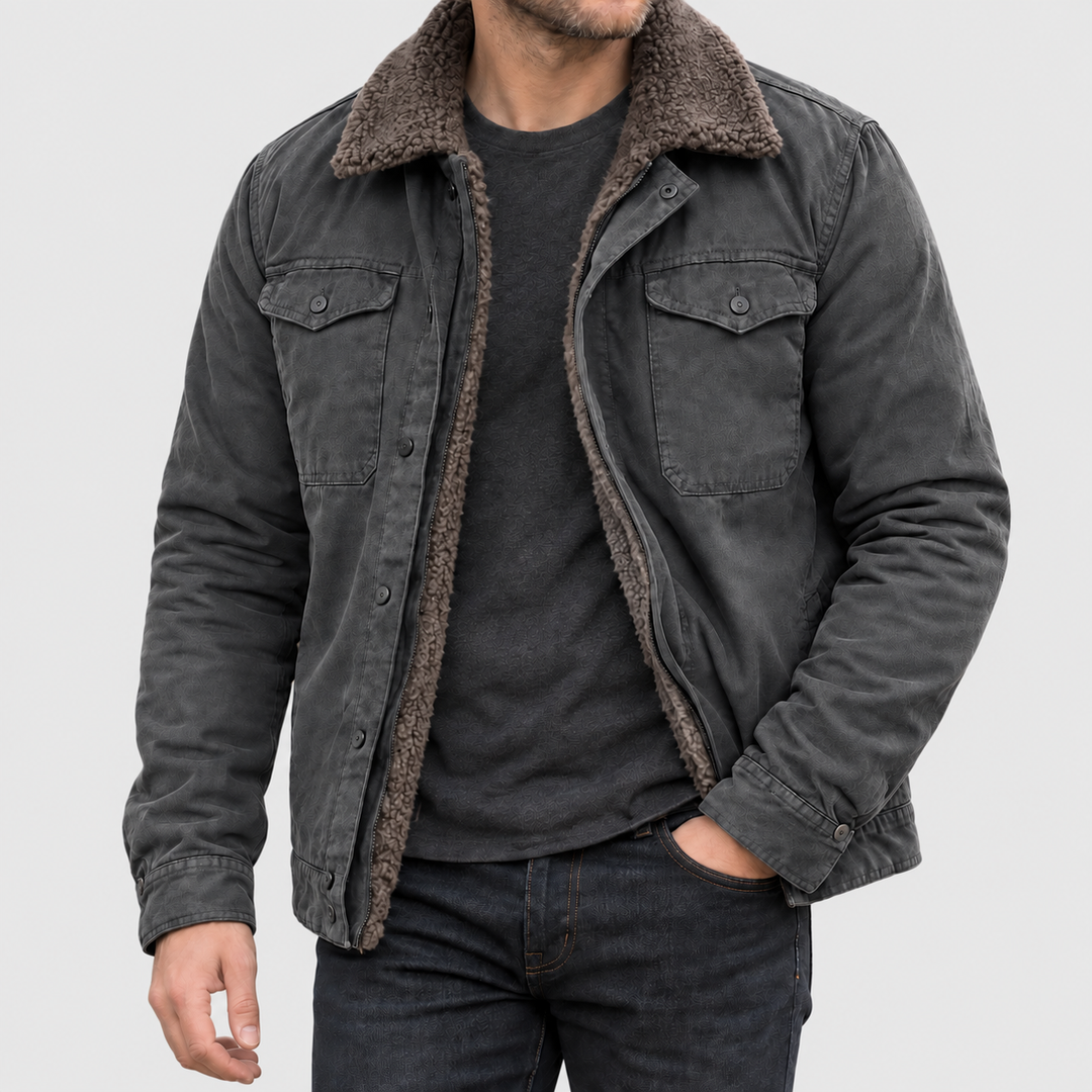 Axel - Men's Genuine Leather Snap-Front Jacket with Sherpa Lining