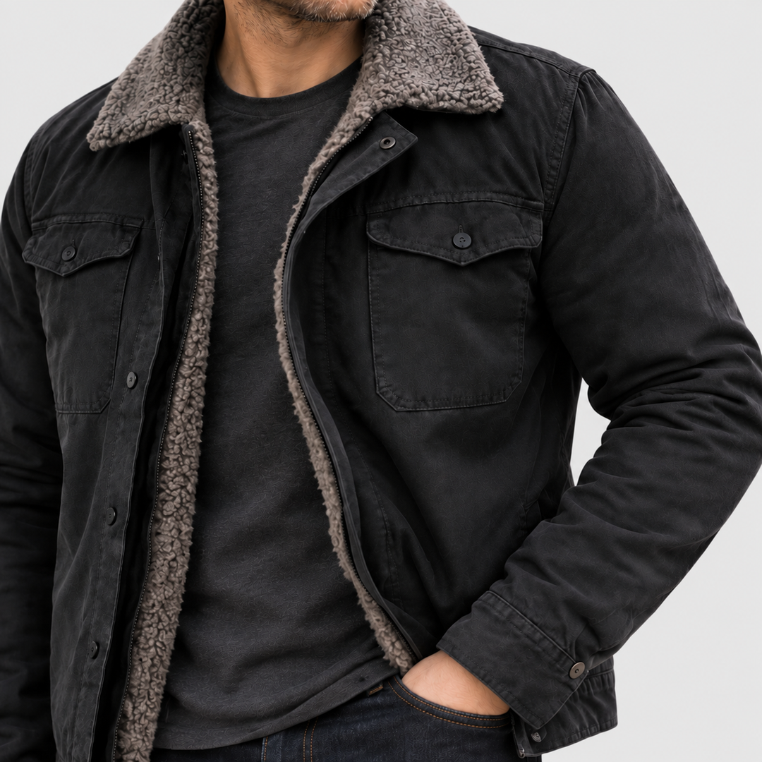 Axel - Men's Genuine Leather Snap-Front Jacket with Sherpa Lining