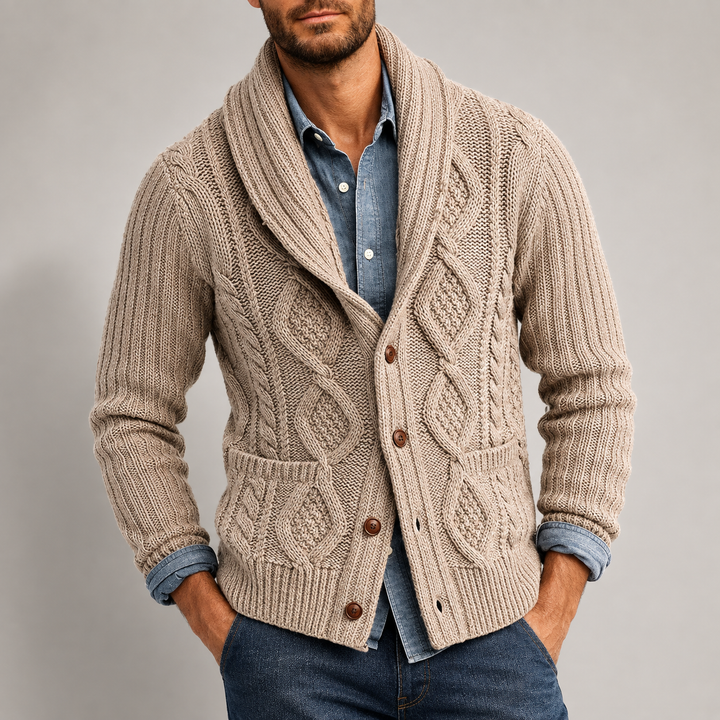 Barney - Men's Cable Shawl Collar Button-Front Cardigan