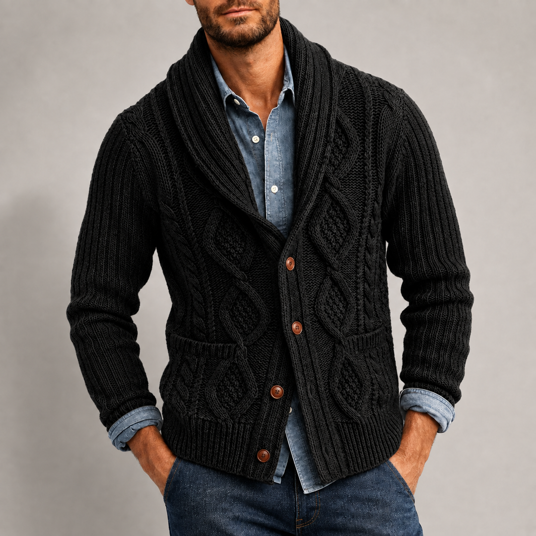 Barney - Men's Cable Shawl Collar Button-Front Cardigan